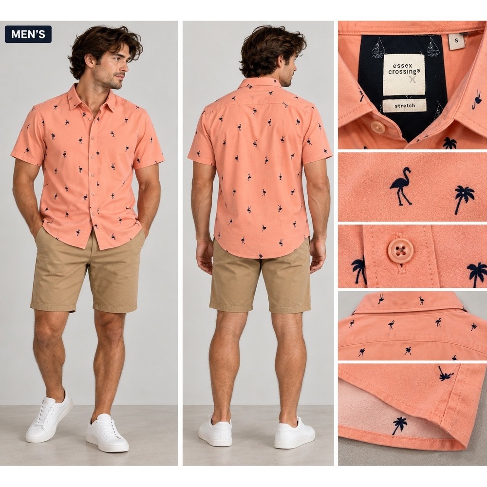 Essex Crossing Button Down Mens Small Peach Resort Coastal Flamingo Palm Print